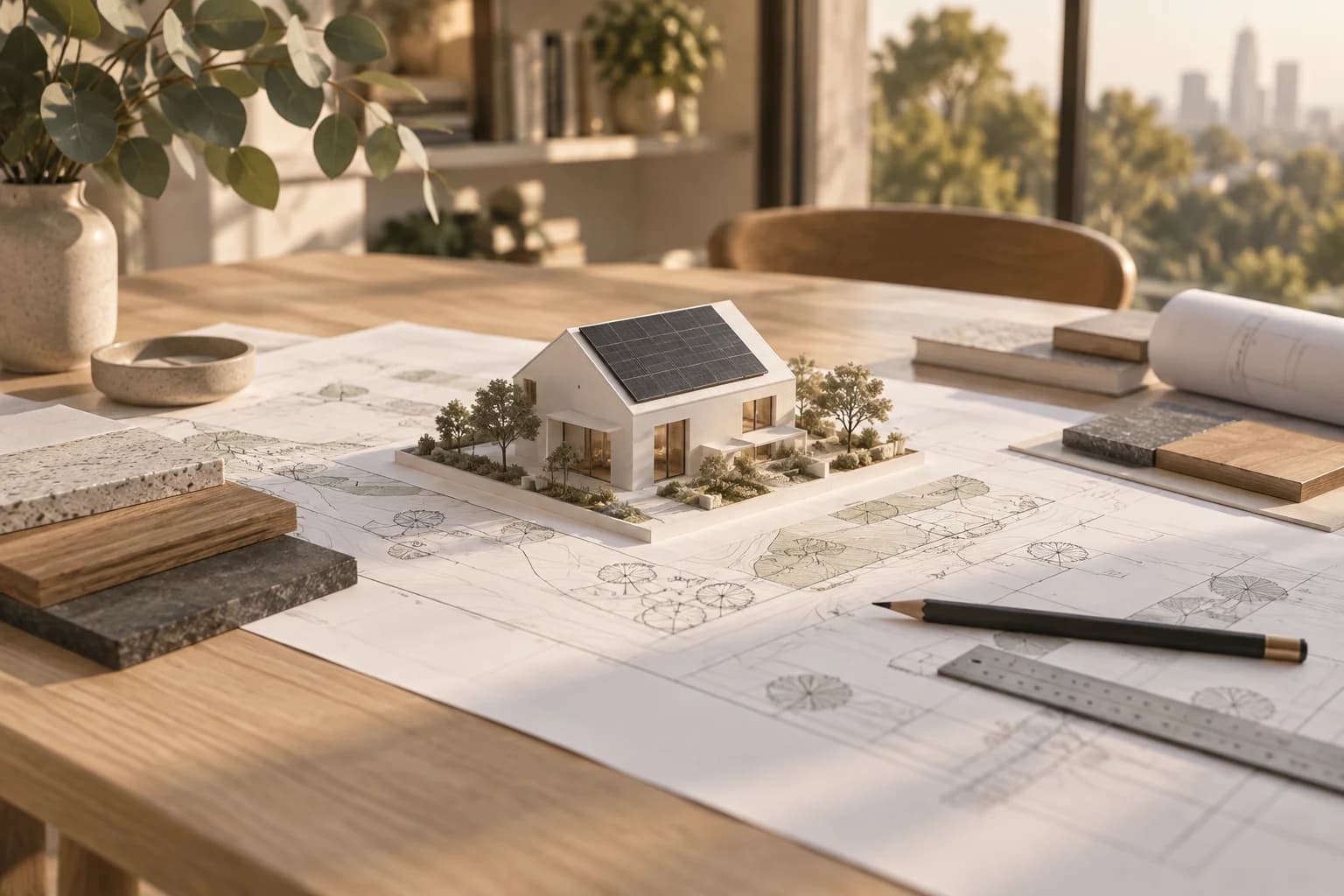 Concept illustration of an energy planning worktable with a solar house model, site drawings and material samples
