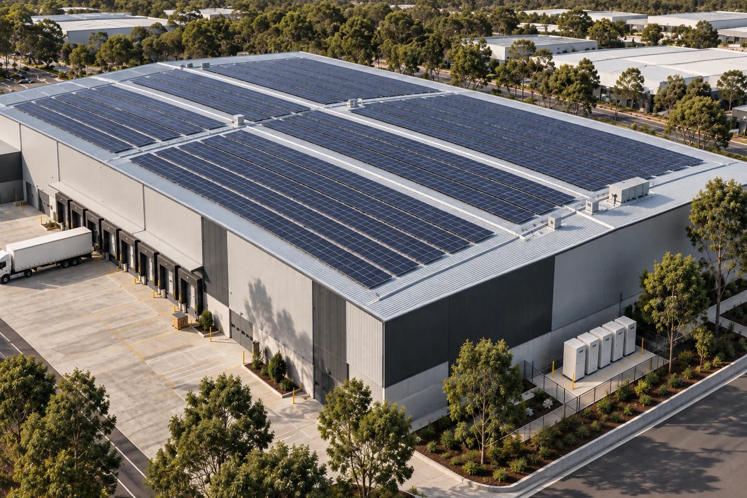 Illustrative commercial rooftop solar installation on a Melbourne warehouse